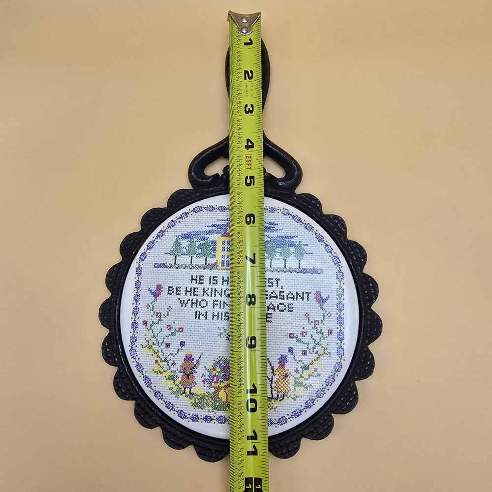 Vintage Cast Iron Trivet‎ Ceramic Insert Home Quote Cross Stitch Style Black